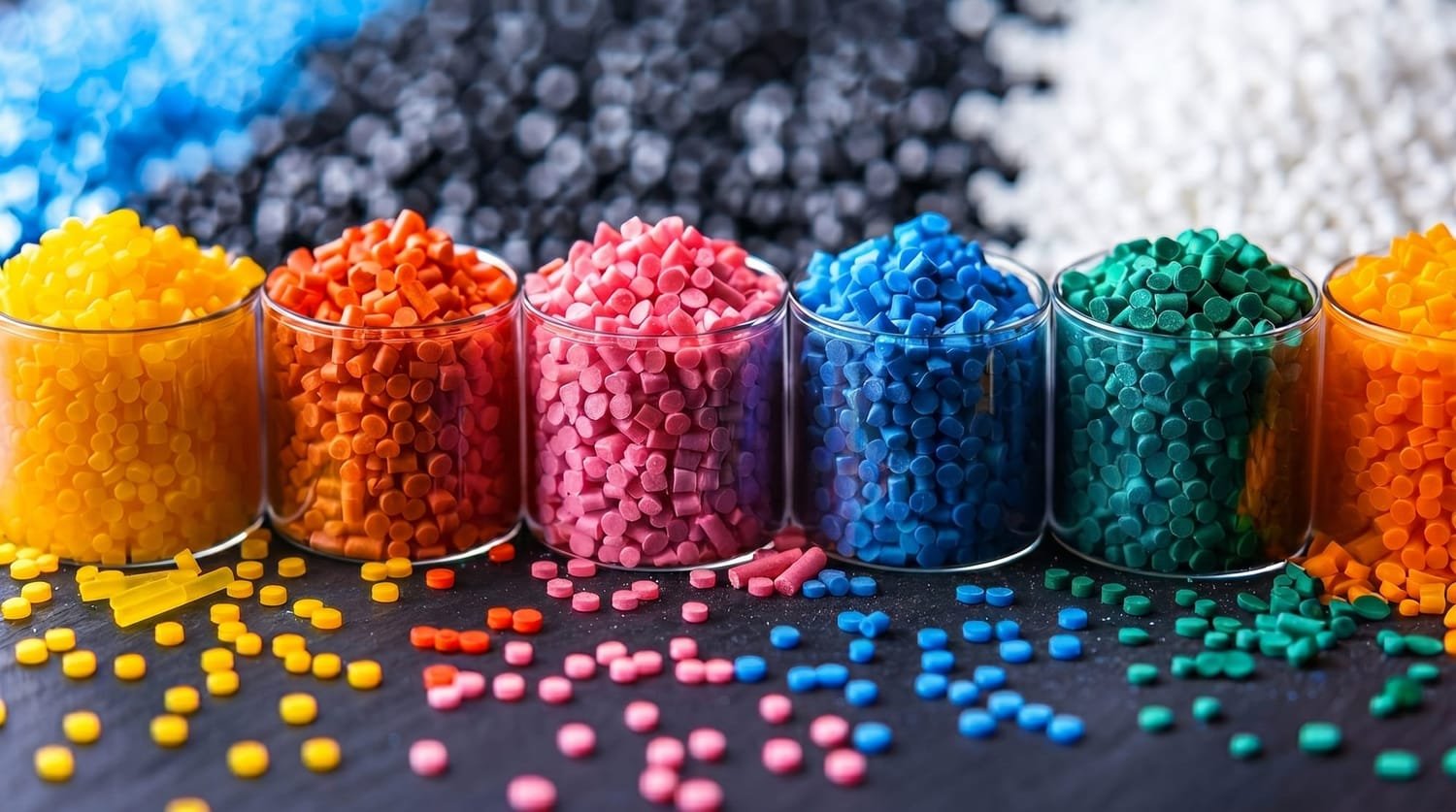 Six jars of vibrant polymer masterbatch pellets showing batch-to-batch colour consistency