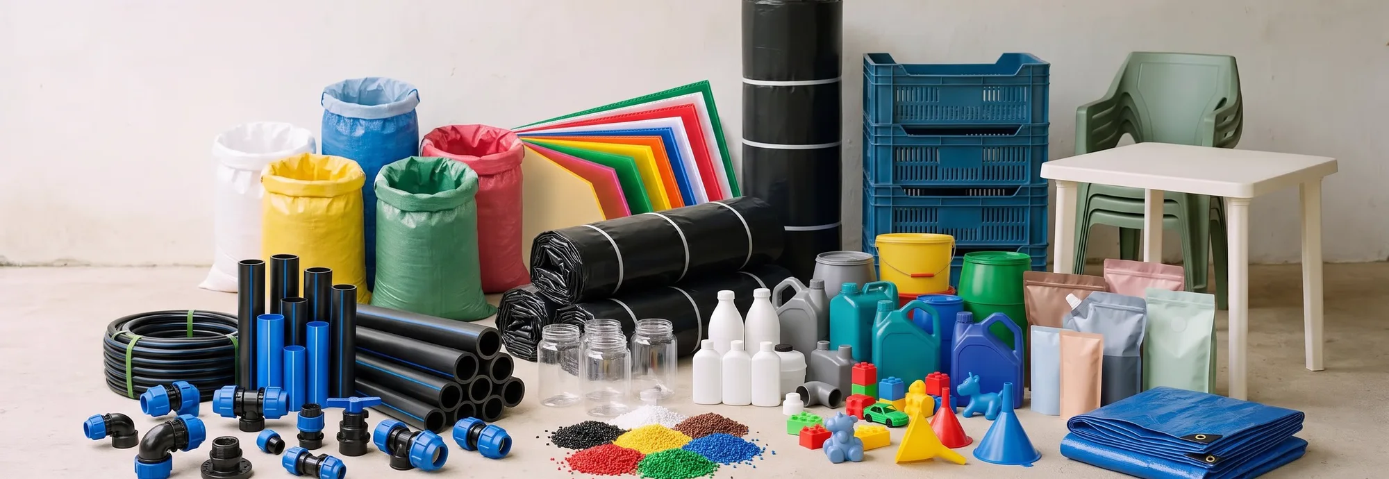 Plastic products made with Shreegopal masterbatches: woven sacks, HDPE pipe and fittings, film rolls, crates, furniture, buckets, jerry cans, bottles, pouches and coloured resin