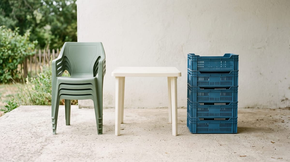 Moulded plastic chairs, table and stacking crates