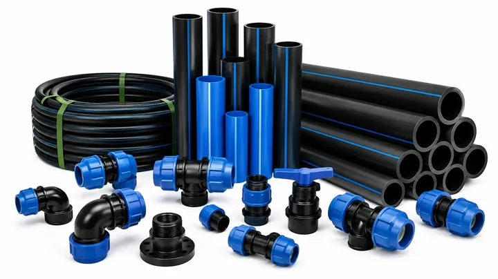 HDPE pipe coils, straight pipe and compression fittings