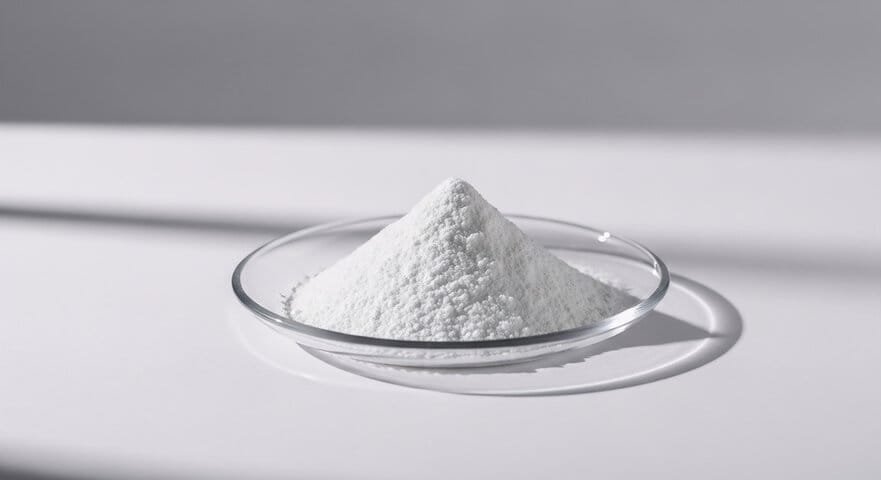 White polymer additive powder sample resting in a clear petri dish under soft studio light